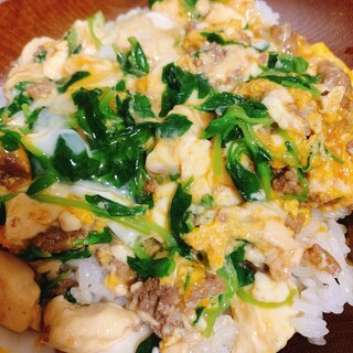 パパッと！ひき肉と豆腐と豆苗の卵とじ丼